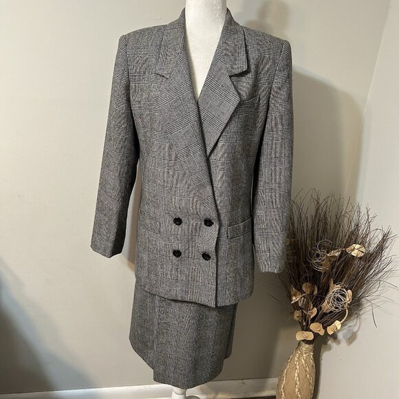 VTG Le Suit Women 2pc Skirt Suit Plaid Double Breast Jacket Lined Gray Black 14 - Picture 1 of 9